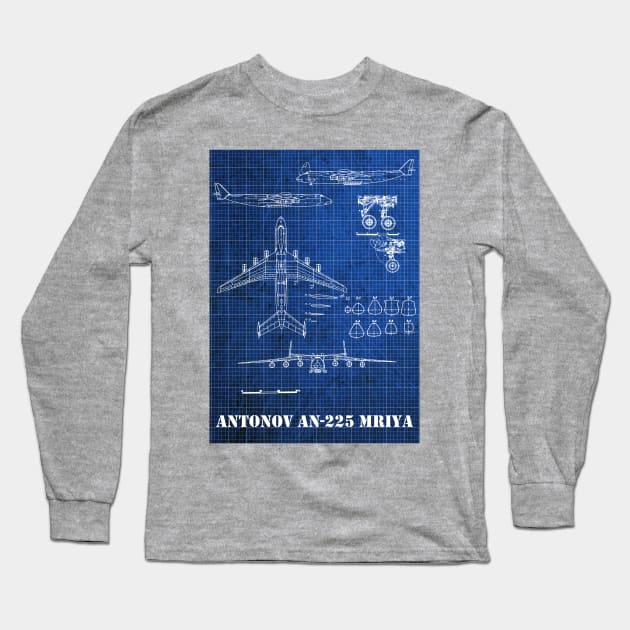 Vintage Blueprint of Antonov AN 225 Mriya Aircraft Long Sleeve T-Shirt by Geoji 